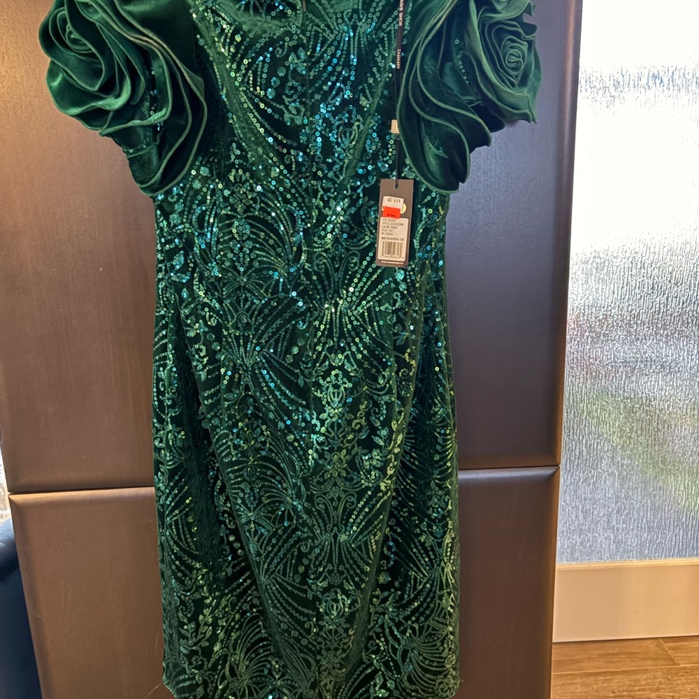 Tadashi Shoji Emerald Sequin Dress with Ruffle Detail
